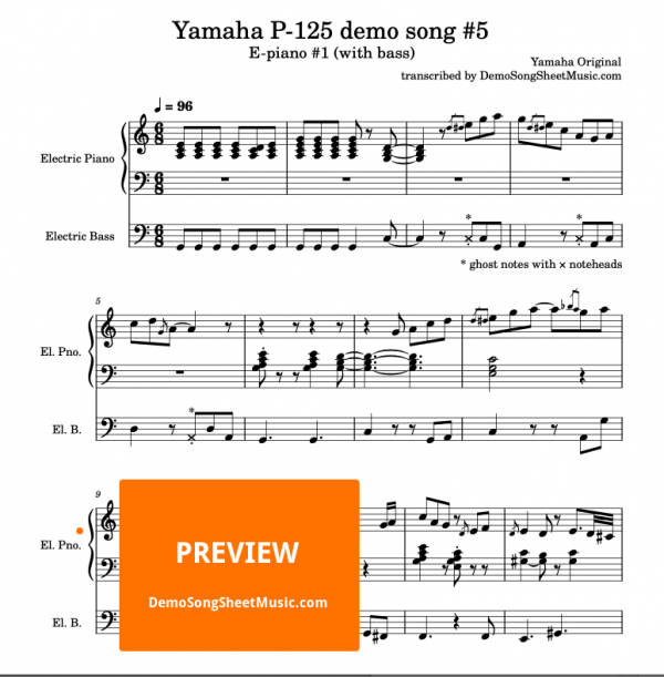 Yamaha P-125 epiano demo song 5 fifth demo sheet music PDF
