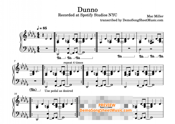 Mac Miller's Dunno - piano sheet music (live at the Spotify sessions) free preview image